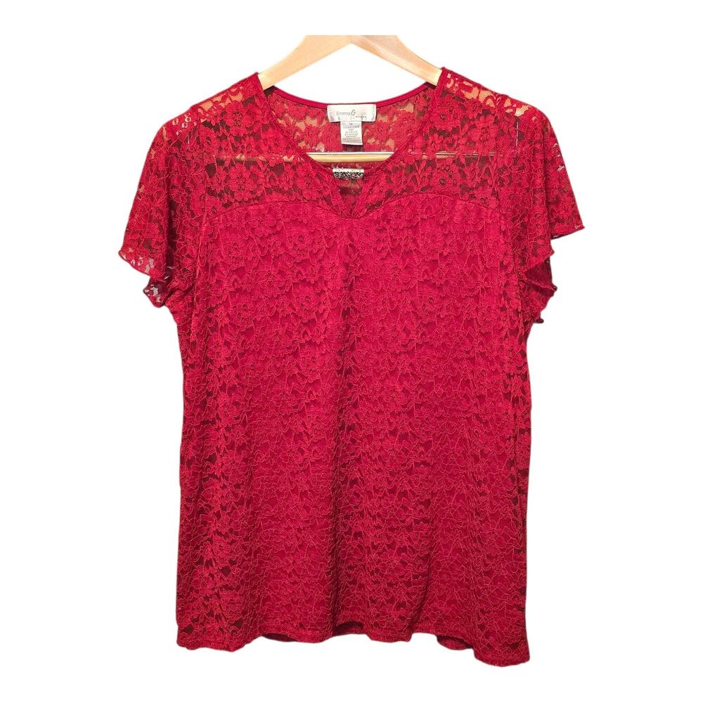 Emma & Olive Top Womens Size Plus 1X Red Lined Floral Laced Romantic Cottagecore